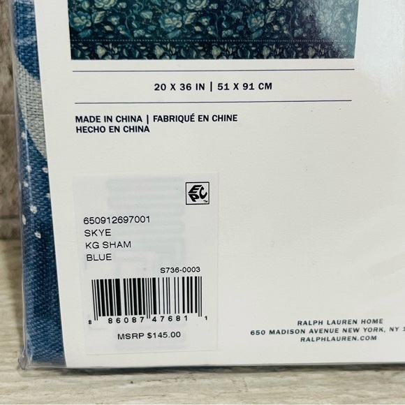 Ralph Lauren Skye King Pillow Sham 100% Cotton Denim Floral 20” X 36” NWT - Picture 5 of 10